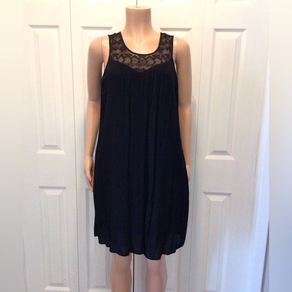 Fifth & Park Womens Black Sleeveless Lace Panel Crinkle Shift Dress Size 8